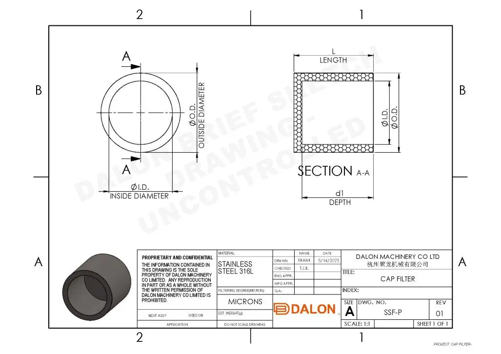 sintered porous stainless steel air filter Technical Drawing